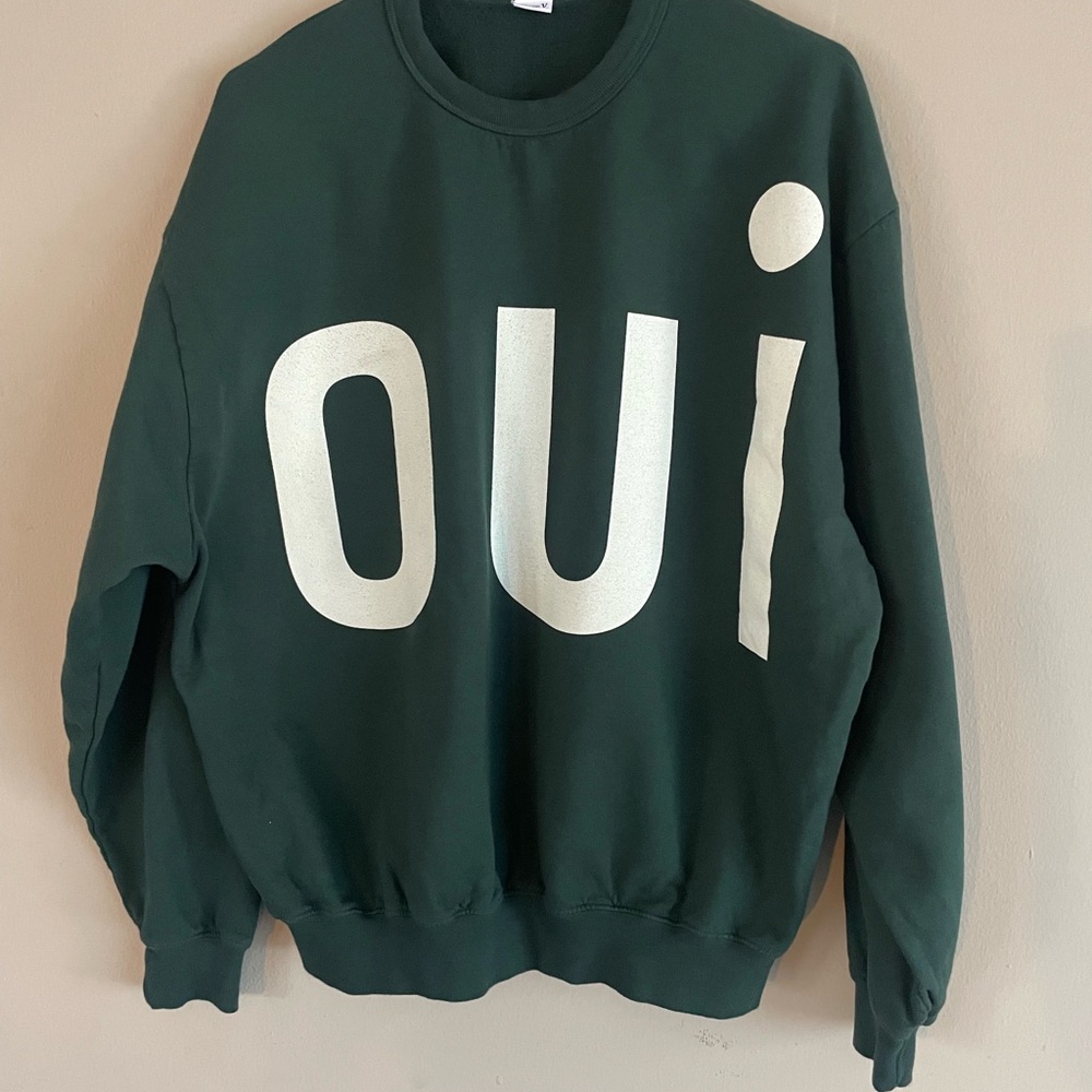 Clare V Forest Green Sweatshirt with White 'OUI' Design